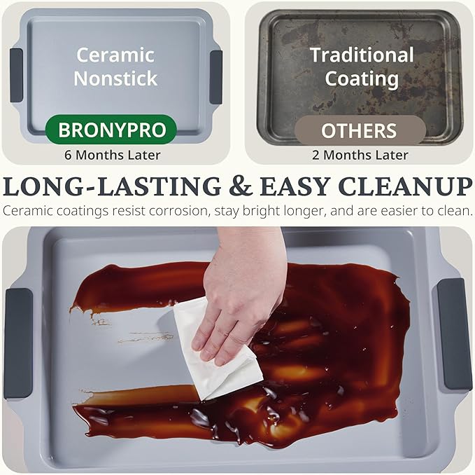 BRONYPRO Nonstick Ceramic Bakeware Set (9 Pieces),Heavy Duty Aluminized Steel Bakeware - Baking Set with Silicone Handles,Includes Sheet Pans,Loaf Pan,Muffin pan,Cake pans,PTFE & PFOA Free - Blue Gray