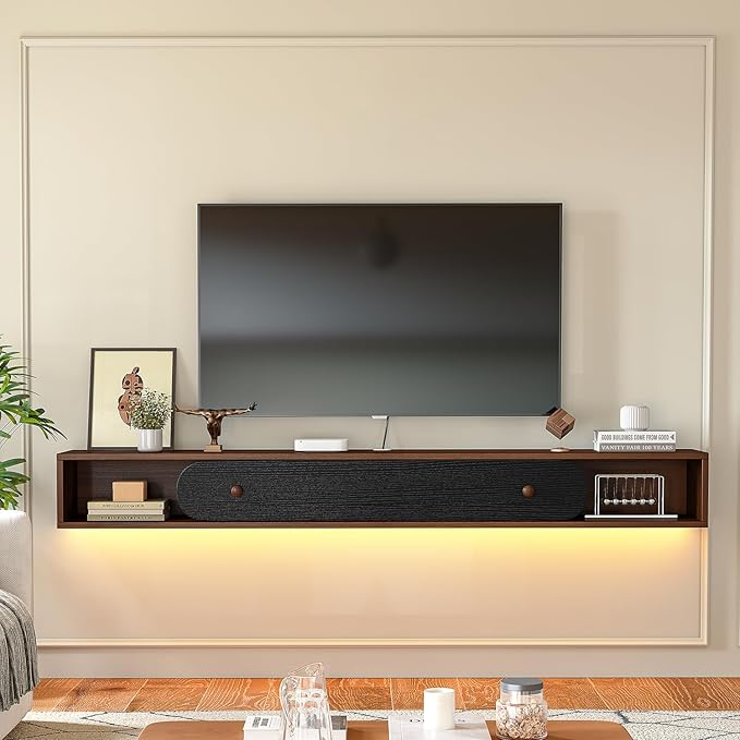 Floating TV Stand Wall Mounted 55'', Modern Media Console with 2 Open Cabinets and 1 Door,Wall Mount TV Console for Living Room Bedroom,Walnut and Black