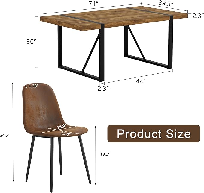Rustic 7 Piece Dining Room Table Set for 6 People, Mid Century Modern 71 Inch Rectangle Wood Kitchen Dining Table with 6 Fabric Chairs Set, Suitable for Kitchen Dining Room Apartment