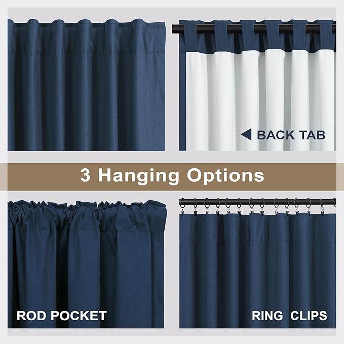Navy Blue Curtains 90 Inches Long for Living Room Blackout 52 Inch Wide Curtains for Bedroom Window Floor Length Soft Fabric Polyester Linen Blend Noise Reduction Soundproof Nautical Curtain Dark Blue