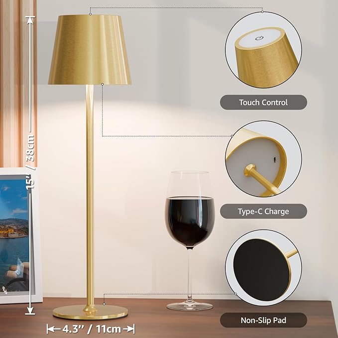 uuffoo 2 Pack Rechargeable Table Lamp Battery Operated Cordless Table Lamps with 3 Colors Stepless Dimming, Desk Night Light for Restaurant, Patio, Bedroom, Bar (Electroplated Gold)