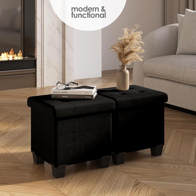 STORAGEBUD Storage Ottoman Cube with Small Bin, 15-in Square Ottoman with Storage for Living Room and Bedroom, Small Ottomans Foot Rest, Velvet Foot Stools Ottomans Max 330lbs, Black