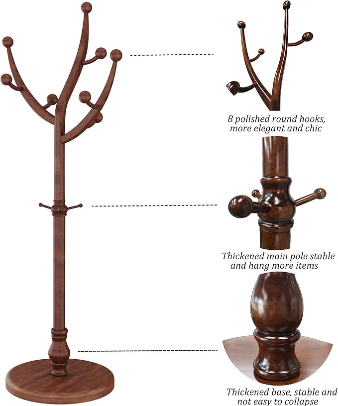 HOMEFORT Coat Rack Freestanding, Wooden Coat Rack with 11 Hookss, Rubber Wood Coat Hanger with Sturdy Round Base, Vintage Coat Hat Rack for Entryway, Hallway, Bedroom,Walnut
