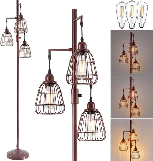 9MMML Dimmable Floor Lamp,Industrial Farmhouse Tall Standing Floor Lamp for Living Room, Bedroom Office,3 Teardrop Cage Lampshade,3 LED Bulbs Inculded. 68'' Tall
