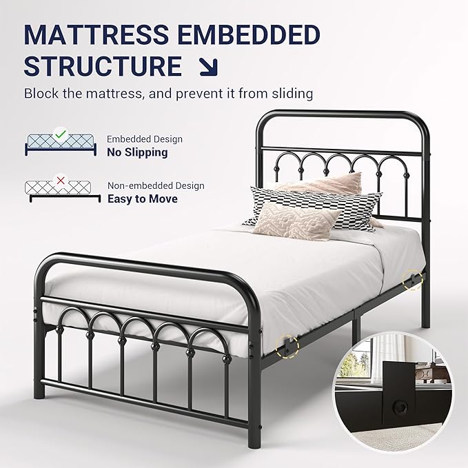 Allewie 14 Inches Twin Size Metal Platform Bed Frame with Victorian Style Curved Iron-Art Headboard/Footboard, Metal Slats Support, Easy Assembly, Under Bed Storage, No Box Spring Required, Black