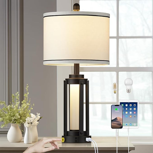 26" Modern Table Lamp with USB A+C Charging Ports & AC Outlet, Industrial Beside Contemporary Lamp Glass LED Night Light for Living Room Bedroom Nightstand End Table Single Black(2 Bulbs Included)