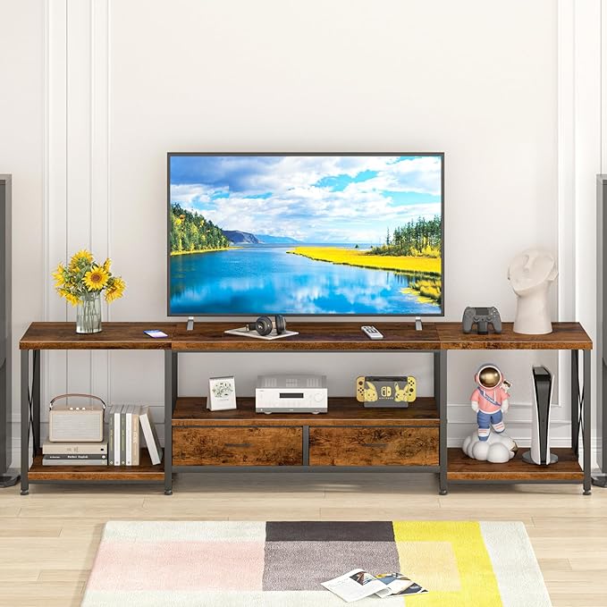 TV Stand with Fabric Drawers for 80 85 Inches TV - Entertainment Center and Industrial TV Console Table with Open Storage Shelves for Living Room, Bedroom- 79.1" Rustic Brown