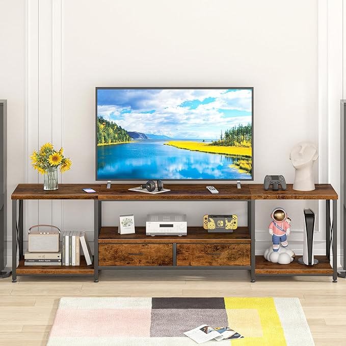 TV Stand with Fabric Drawer - Entertainment Center and Industrial TV Console Table with Open Storage Shelves for Living Room, Bedroom - 55.1" Rustic Brown