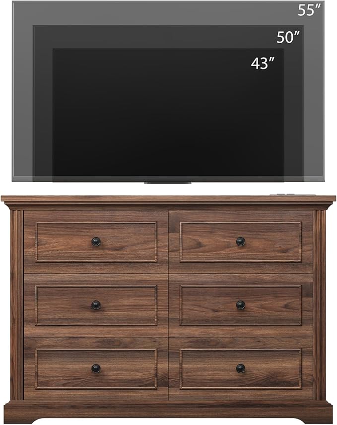 QUW Farmhouse 6 Drawer Dresser for Bedroom, 47" Wide Wood Chest of Drawers with Charging Station, Metal Handle, Modern Closet Clothes Storage Organizer for Living Room, Hallway, Entryway, Dark Walnut