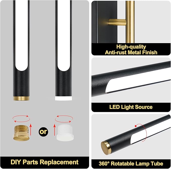 Battery Operated Wall Sconces Set of 2, Battery Wall Sconce with Remote Control,350°Rotate, LED Rechargeable Sconces,3000K-6000K Wireless Wall Light for Bedroom, Living Room, Hallway (Black,24Inch)