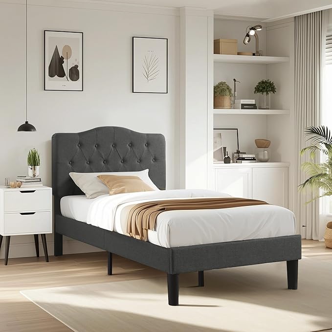 VECELO Twin Size Platform Bed Frame with Fabric Upholstered Headboard and Wooden Slats Support, No Box Spring Needed/Easy Assembly,Grey
