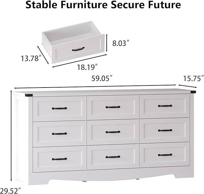 White Dresser for Bedroom, 59'' Wide Wooden Chest of Drawers with Natural Wood Texture, 9 Drawer Dresser for Closet with Metal Handles, Sleek Storage Solution for Living Room, Office, Hallway