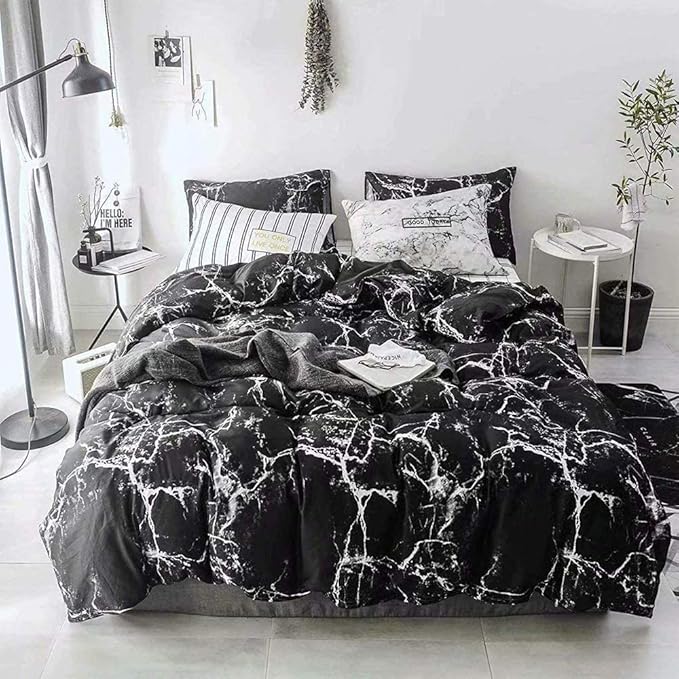 CLOTHKNOW Black Grey White California King Comforter Set Marble Bedding Comforter Sets Black Comforter Abstract Black Comforter with 2 x Pillow Cases
