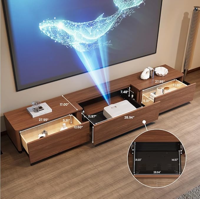 102" Ultra Short Throw Projector TV Cabinet, Mid-Century Modern Electric TV Stand with Linkage Memory Function and Ample Storage Space, Entertainment Center for Living Room, Walnut Color