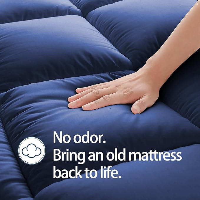 Mattress Topper King for Back Pain, Extra Thick Mattress Pad Cover, Plush Pillow Top, Deep Elastic Pocket, Navy