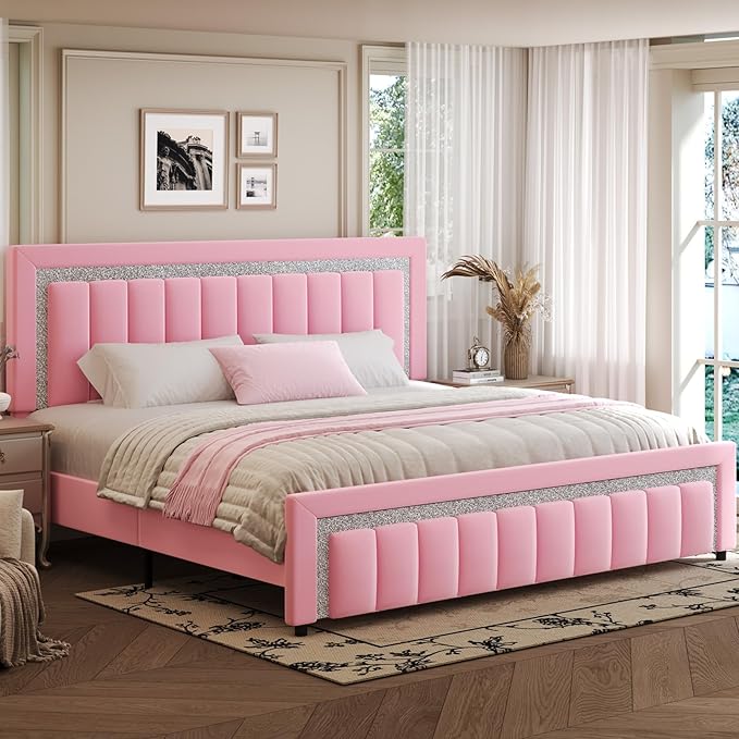 HOMBCK King Size Bed Frame, Velvet Upholstered Bed with Diamond Headboard, Modern Bed King Szie with Wooden Slats Support, No Box Spring Needed, Easy Assembly, Pink