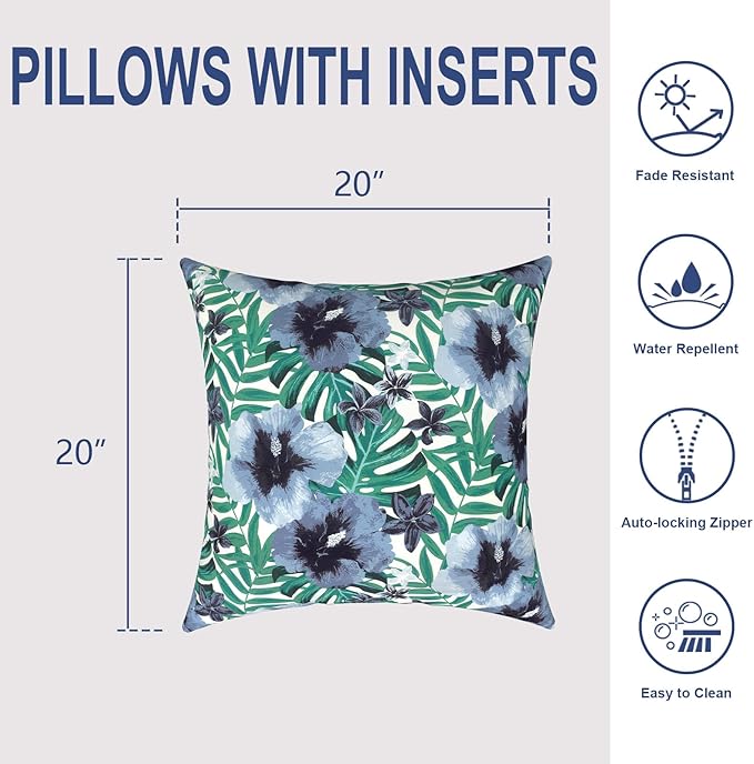 Outdoor Throw Pillows with Inners, All Weather Patio Pillows Set of 2, Square Pillows Decorative for Home Garden Furniture, 20x20 Inch, Blue Salmone Tropical