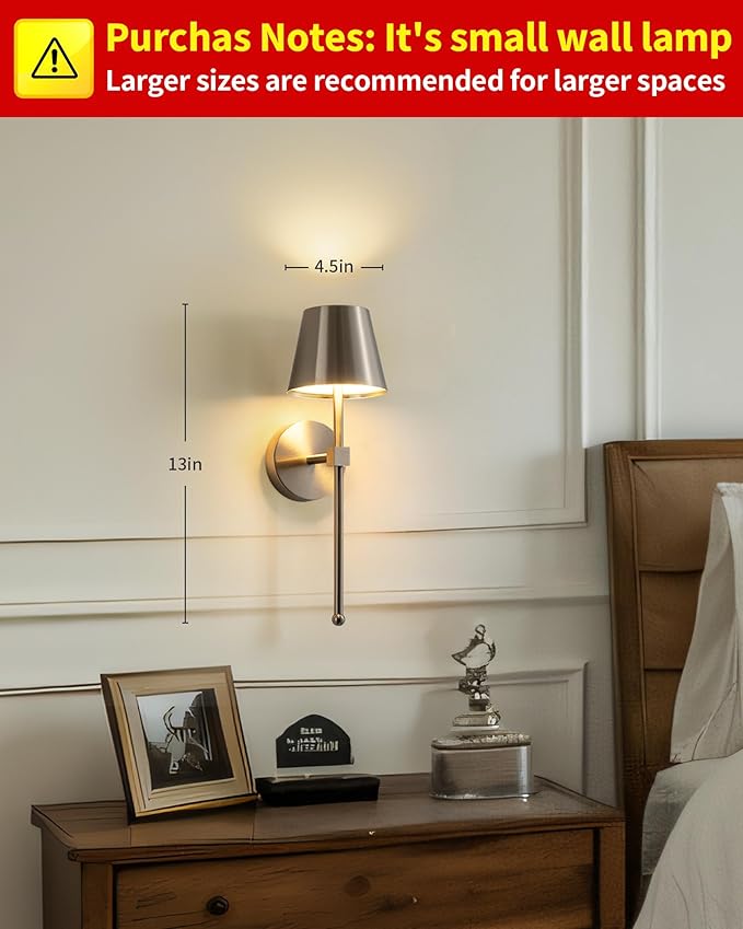 KDG Cordless Wall Sconces Set of 2, Wireless 5200mAh Rechargeable Battery LED Wall Lamps, Wall Lightings for Wall Painting, Outdoor, Garden, Bedside, Hallway, Gifts, Night Light (Brushed Nickel)