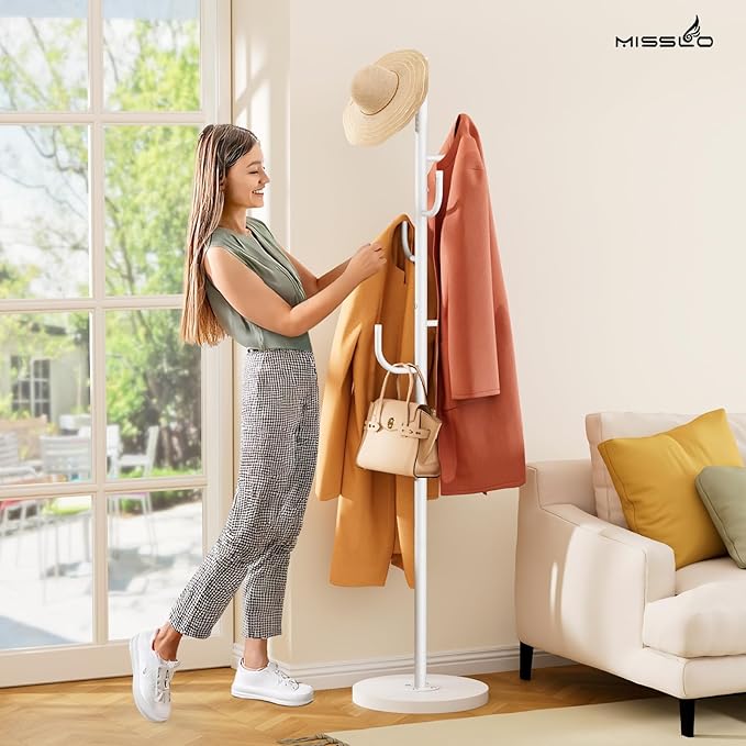 MISSLO Heavy Duty Coat Rack Freestanding 4 Adjustable Size Coat Tree with Stable Wood Base Coat Hanger Stand with 6 Hooks Standing Clothes Tree for Bedroom, White