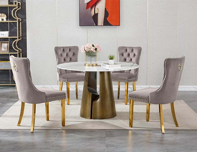 5-Piece Faux Marble Round Dining Table Set for 4, Modern Luxury Kitchen Table Set for 4 with Grey Tufted Chairs,Circle Dining Tables with White Marble Grain Top and Bronze Pedestal Base