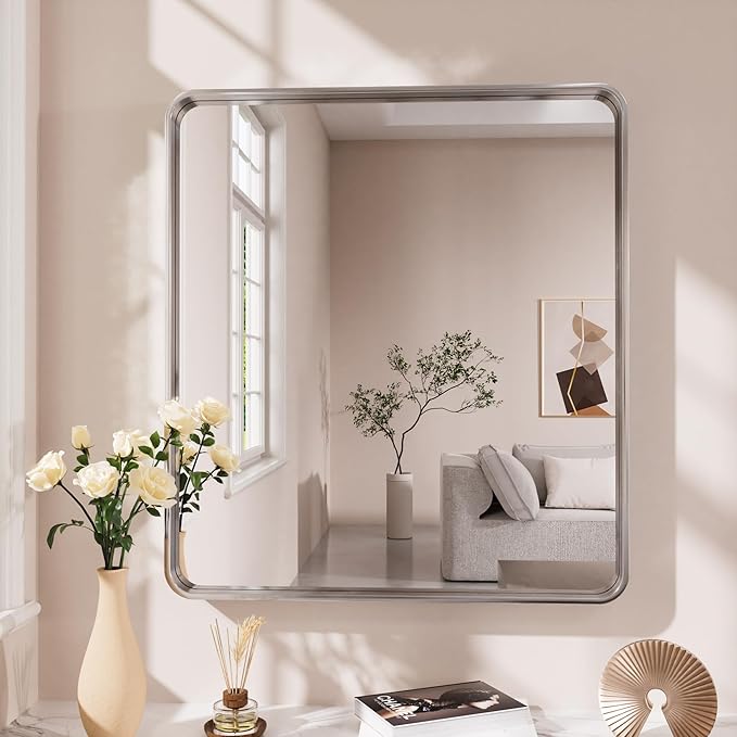 Brushed Nickel Bathroom Mirror 38x38 Inch, Brushed Silver Metal Frame Mirror Wall Mounted, Rounded Bathroom Vanity Mirror, Tempered Glass, Anti-Rust, Horizontal/Vertical