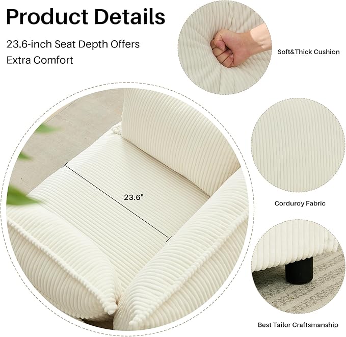 35.4" Wide Oversized Corduroy Single Sofa Chair with 2 Pillows, Modern Upholstered Accent Chair Armchair for Livingroom Bedroom Apartment, Beige