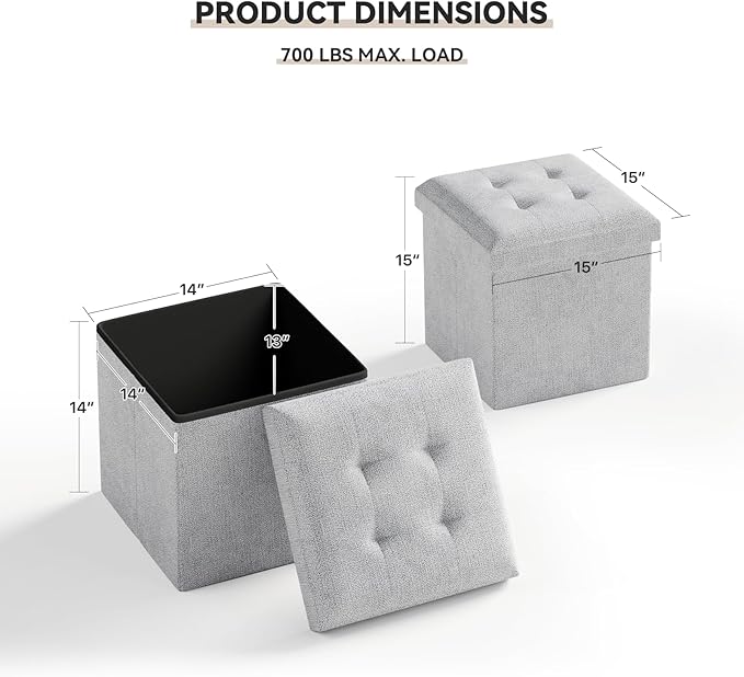 Storage Ottoman Bench, 15 Inch Ottoman Foot Rest, End of Bed Bench, Storage Chest, Load 700 lb, for Living Room, Bedroom, Entryway, Light Gray