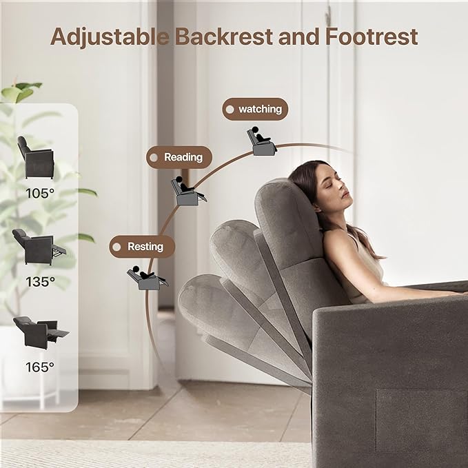 Claiks Power Recliner Chair for Adults, Adjustable Reclining Chair, Comfortable Recliner Couch with Side Pockets&Wire Remote Control, for Living Room, Home Theater, Bedroom, Linen Fabric, Dark Grey