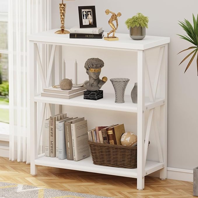 FATORRI Small Bookshelf for Small Space, Short Rustic Low Bookcase, Modern Wood and Metal Book Shelf and Narrow Book Case for Living Room, Hallway (White Oak)