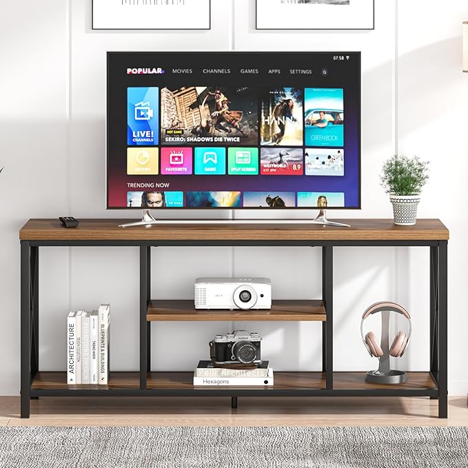 FOLUBAN Modern Entertainment Center for TVs up to 65 Inch, Rustic Wood Television Stands, Industrial TV Console and TV Cabinet for Living Room, Farmhouse TV Table for Bedroom, 55 Inch Walnut