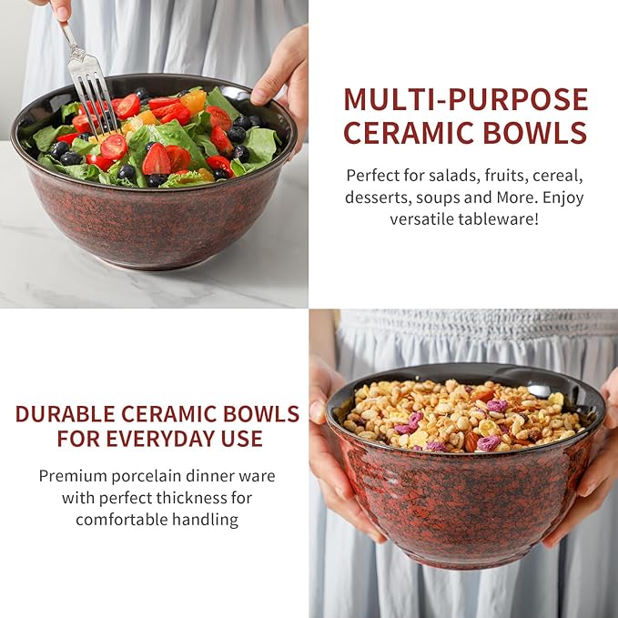 Hasense Mixing Bowls Set of 3, Procelain Serving Bowls Set for Cooking, Baking, Large Nesting Bowls for Salads, Fruit, 2.1/1.5/1.0 Qt, Dishwasher & Microwave Safe, Red