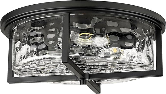 Large Industrial Flush Mount Ceiling Light, 3-Light Modern Close to Ceiling Lights, Hammered Kitchen Ceiling Light for Hallway, Kitchen, Bathroom, Dining Room (Black, 16" D)