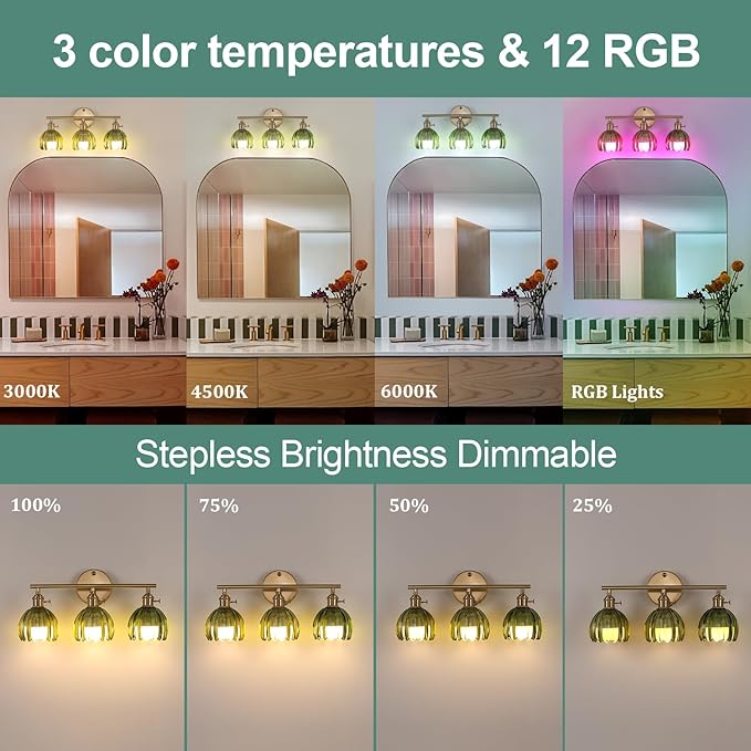 Battery Operated Bathroom Light Fixtures, 3-Light Brass Vanity Wall Light with 5000mAh Rechargeable Bulb Over Mirror with Green Tulip Glass Shade for Bedroom Living Room