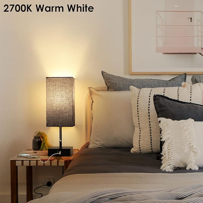 GGOYING USB Bedside Table Lamp, Pull Chain Nightstand Table Lamp with 2700K LED Bulb, Black Fabric Linen Lampshade, USB C+A Charging Ports for Living Room Bedroom Office