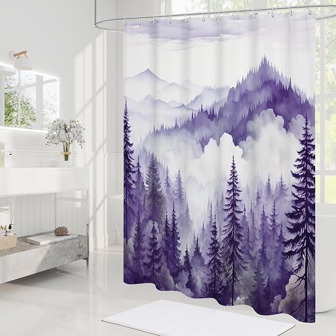 Purple Misty Pine Forest Shower Curtain, Mountain Foggy Woodland Scenery Tree Shower Curtains for Chic Rustic Bathroom, Abstract Modern Waterproof Nature-Themed Decor, 72x72 Inches