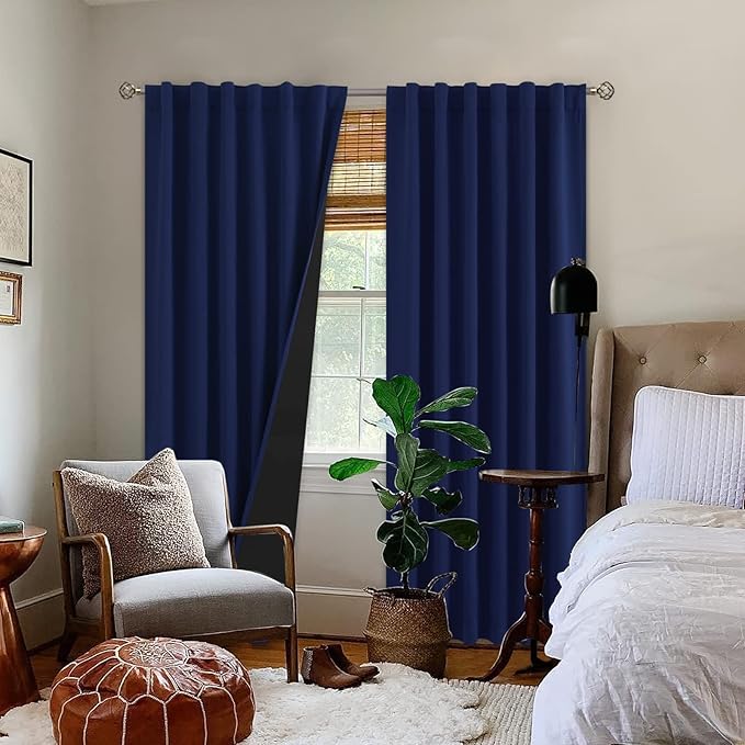BGment Full Blackout Curtains with Thermal Insulation Liner Curtains 95 Inches Long, Rod Pocket and Back Tab Double Layer Room Darkening Window Curtain for Bedroom(52 x 95 Inch, 2 Panels, Navy Blue)