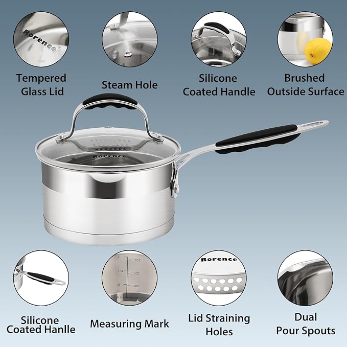 Rorence 2.5 QT Stainless Steel Saucepan, Sauce Pan with Silicone Coated Handles and Pout Spouts, Induction Small Cooking Pot with Clear Transparent Tempered Glass Lid for All Stoves, Dishwasher Safe