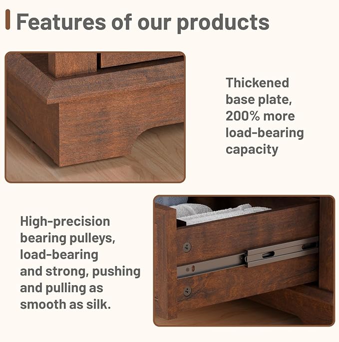 3 Drawer Dresser, Chest of Drawers with Charging Station, 24” Wide End Table with 3 Drawers, Modern Bedside Table with Storage, Wooden Small Dresser. (Cherry)