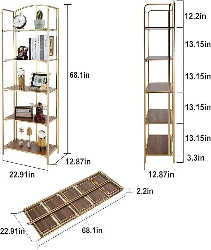 Crofy No Assembly Folding Bookshelf for Living Room, 5 Tier Gold Collapsible Book Shelf for Home Office, Portable Bookcase Storage Organizer