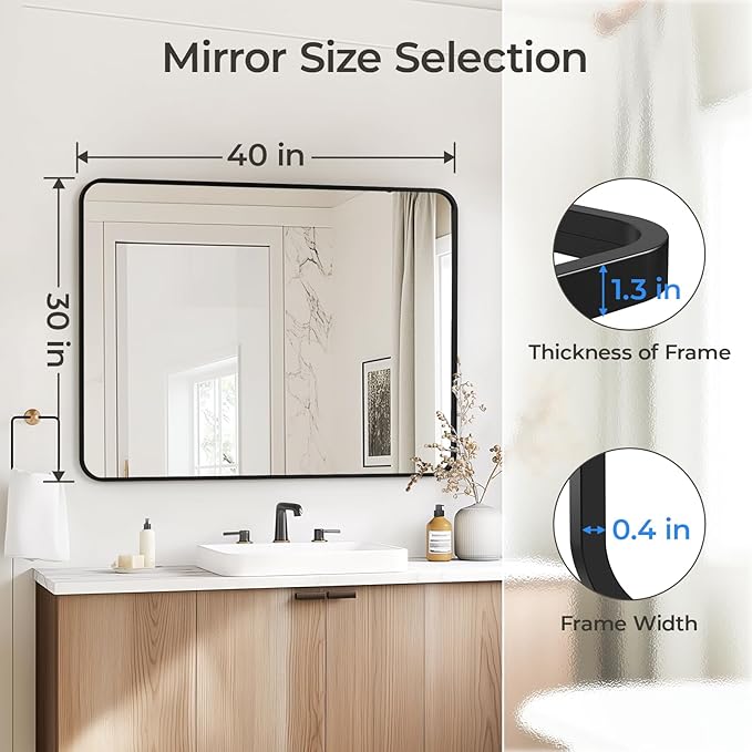 USHOWER Black Bathroom Mirror for Over Sink 30 x 40 Inch, Metal Frame Rectangle Vanity Mirror, Modern Farmhouse, Wall Mounted