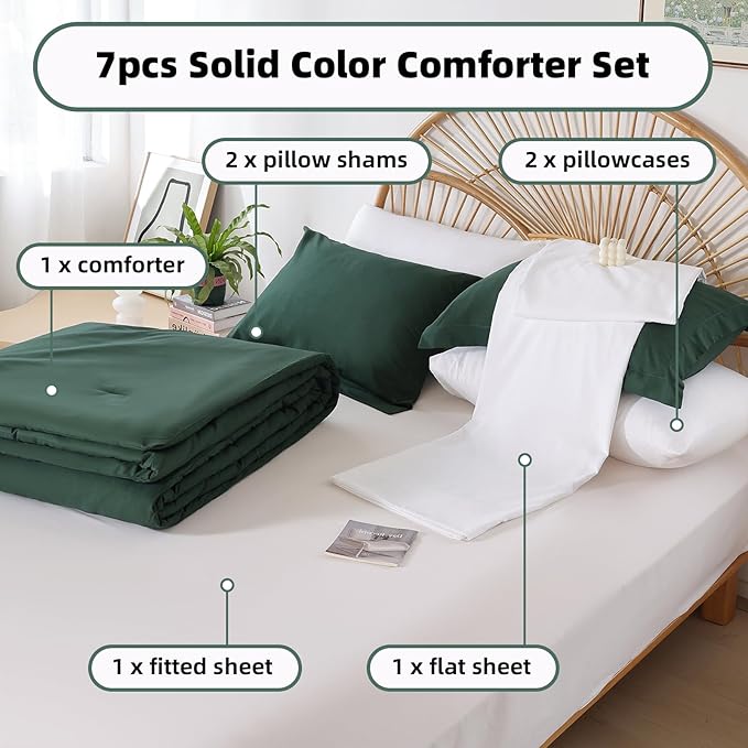 weigelia Emerald Green King Size Comforter Sets Dark Green Solid Color Comforter for All Season - King Bed in a Bag Comforter Set with Sheets and Pillow Shams (7 Pieces)