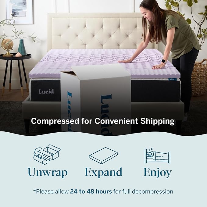 Lucid Lavender Infused 2 Inch Memory Foam Mattress Topper - King Size - Plush Feel - 5 Convoluted Zones - CertiPUR Certified - New Home Owner & Dorm Room Essentials