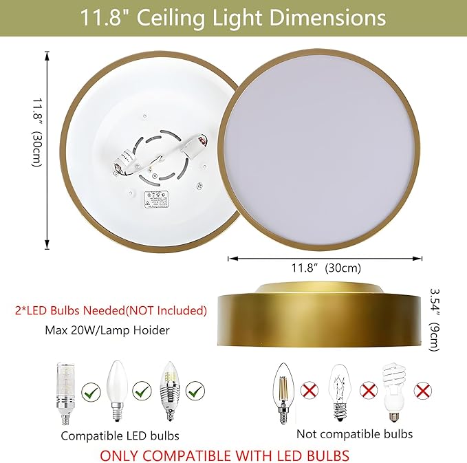 Modern Flush Mount Ceiling Light, 2-Lights Gold Ceiling Light, Minimalistic Ceiling Lamp Acrylic Shade Lighting Fixture for Bedroom Laundry Room Foye Hallway(11.8 Inch)