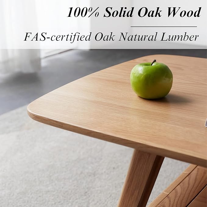 Wood Coffee Table - 100% Solid Oak Wood - Double Storage Coffee Table, Eco-Friendly Finish Center Table - Easy Assembly (Natural, 47.24" D x 22.04" W x 17.32" H)