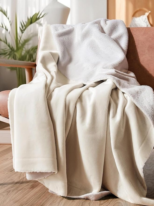 Sherpa Fleece Blanket Twin Size - Reversible Sherpa Fleece Twin Blanket - Super Soft Double Sided for Bed, Sofa, Couch - Thick, Warm, Fuzzy and Plush - Luxurious Bedding for Winter - Ivory, 60" x 80"