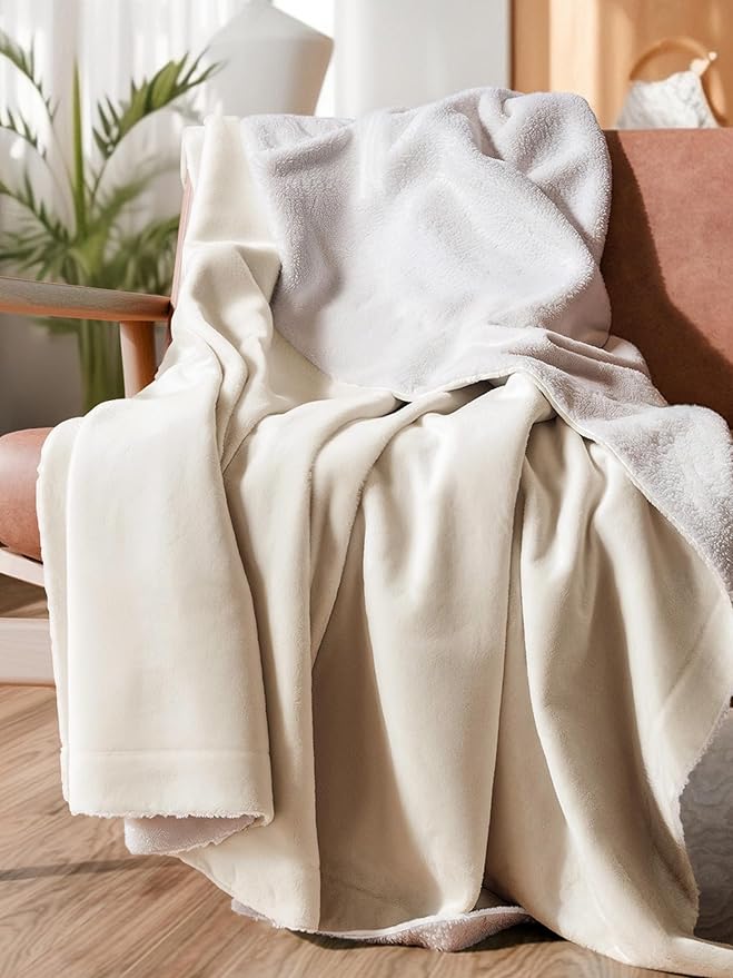 Sherpa Fleece Blanket Throw Size - Reversible Sherpa Fleece Throw Blanket - Super Soft Double Sided for Bed, Sofa, Couch - Thick, Warm, and Plush - Luxurious Bedding for Winter - Ivory, 50" x 60"
