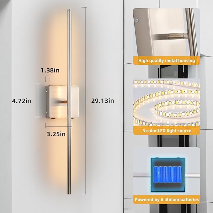 Rechargeable Battery Operated Wall Sconces set of 2, Brushed Nickel Wireless Wall Sconce with Remote Control, 3000K-6000K Dimmable LED Wall Light for Living Room Hallway Bedroom Stairs, 29 Inchs