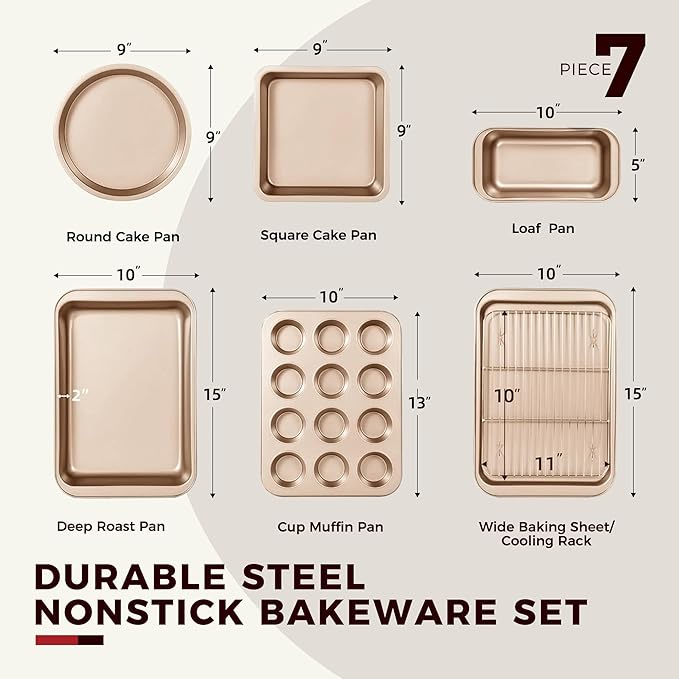 KITESSENSU Baking Pans Sets, Nonstick Bakeware Set 7-Piece with Round/Square Cake Pan, Loaf Pan, Muffin Pan, Cookie Sheet, Roast Pan, Cooling Rack & Silicone Oven Mitts, Carbon Steel Bake Set,Gold