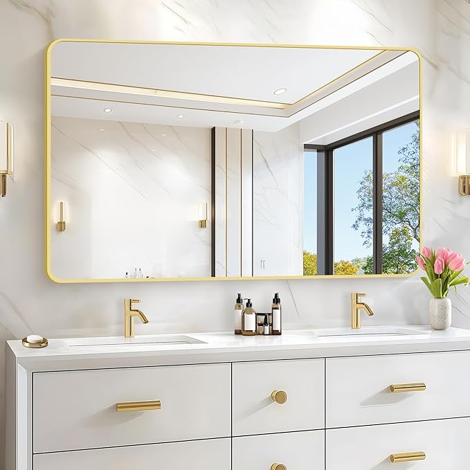 55x36 Inch Gold Bathroom Mirror, Metal Framed Large Rectangle Mirror, Rounded Rectangular Vanity Mirror, Wall Mounted Mirror for Over Sink Living Room Bedroom Entryway Horizontal/Vertical