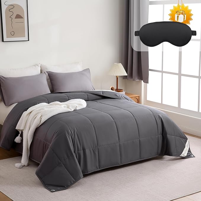 YOUR MOON Luxurious All Season Wool Comforter Queen Size, 100% Natural Australian Duvet Insert, Noiseless Cotton Cover, Medium Weight (Dark Gray)